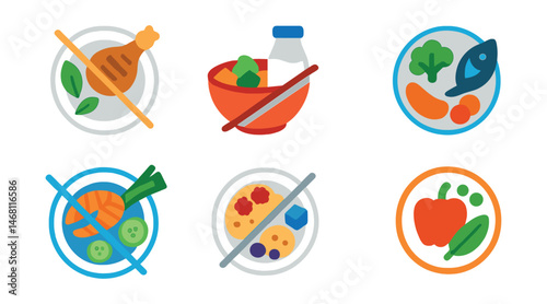 Flat vector icons of diet-specific meals: gluten-free plate icon, dairy-free meal bowl, paleo diet dish, Mediterranean diet plate, low-FODMAP meal idea, high-fiber breakfast, low-sugar snack plate,