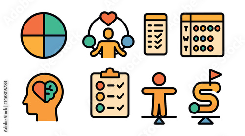 Flat vector icons of balance and holistic growth: balanced life wheel chart, body-mind-soul connection icon, weekly balance tracker, holistic self-care planner, well-rounded growth milestones,