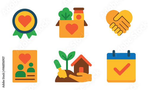 Flat vector icons of volunteering and charity hobbies: community service badge, food bank volunteering, charity donation jar, helping hands symbol, non-profit event flyer, community garden project,