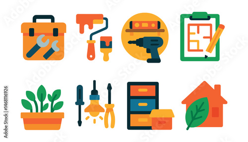 Flat vector icons of home improvement hobbies: DIY toolbox icon, home painting kit, wall shelving installation badge, room renovation planner, home garden setup, lighting upgrade tools, storage