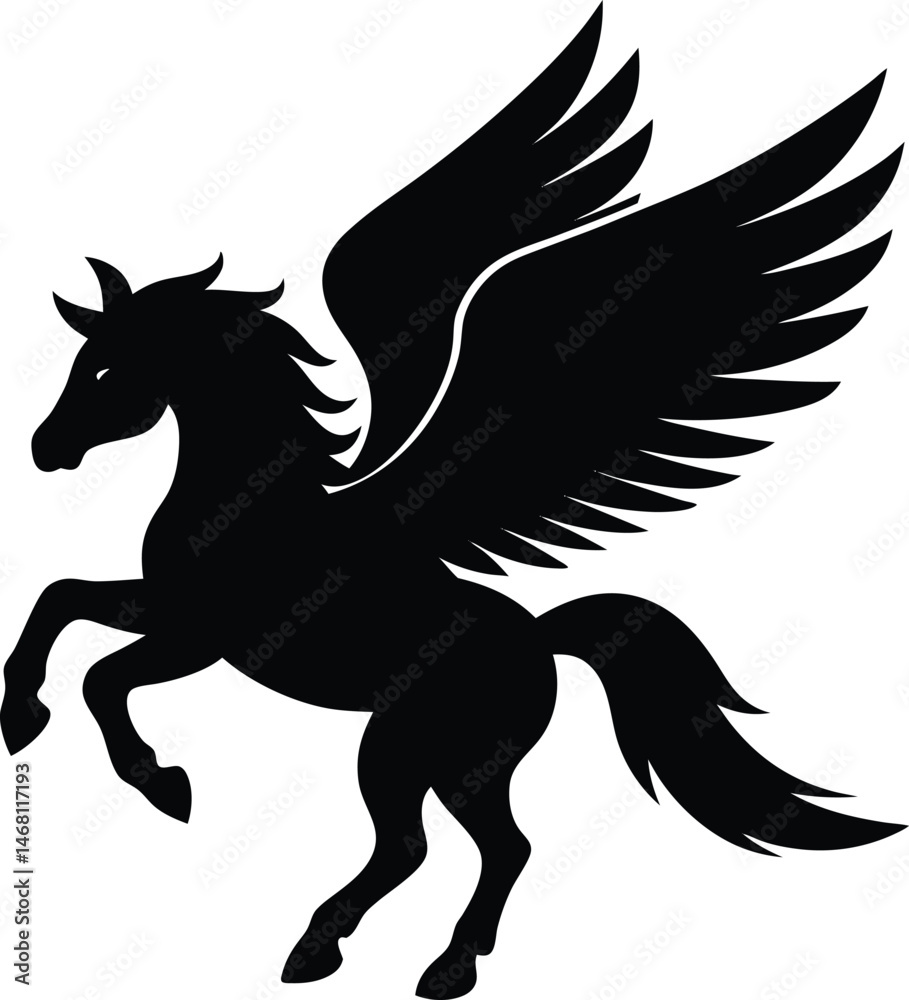 Black Silhouette of Pegasus: A majestic pegasus, a winged horse from Greek mythology, is depicted in a powerful black silhouette against a white background. Black Silhouette of Pegasus: A majestic pegasus, a winged horse from Greek mythology, is depicted in a powerful black silhouette against a white background.