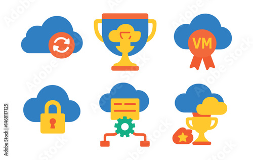 Flat vector icons of cloud computing: cloud with sync arrows badge, SaaS window trophy, cloud upload and download medal, virtual machine symbol ribbon, cloud storage lock icon, elastic server badge,