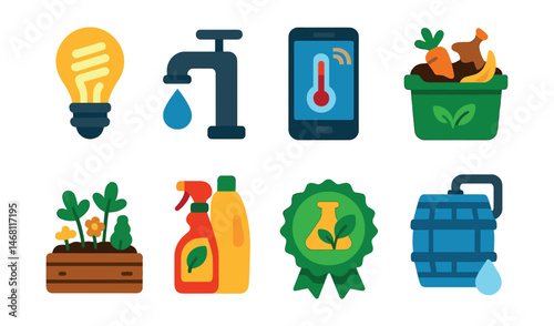 Flat vector icons of eco-friendly home practices: energy-efficient light bulb, water-saving faucet icon, smart thermostat app, composting kitchen scraps, home garden bed, green cleaning supplies, DIY