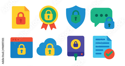 Flat vector icons of encryption and data protection: encrypted file icon, SSL certificate badge, end-to-end encryption shield, secure messaging app, private browsing window, secure cloud storage,