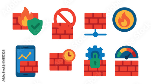 Flat vector icons of firewall protection: firewall shield badge, blocked access icon, network firewall setup, intrusion prevention system badge, traffic monitoring app, firewall update reminder,