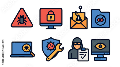 Flat vector icons of cybersecurity threats awareness: malware alert badge, ransomware lock screen, phishing scam alert, data breach warning icon, spyware detection icon, virus removal tool badge,