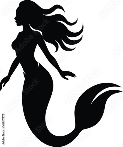 Mystical Silhouette of a Mermaid: An ethereal silhouette of a captivating mermaid, her flowing hair cascading down as she elegantly swims through the tranquil depths. A symbol of grace and mystery.