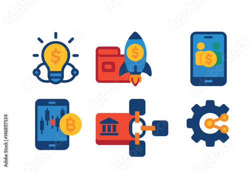 Flat vector icons of mobile fintech startups: fintech innovation hub icon, digital finance startup logo, investment app launch badge, peer payment app prototype, crypto trading platform, online-only