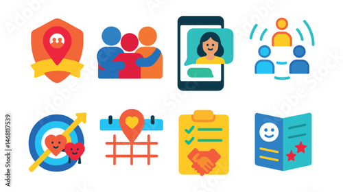 Flat vector icons of social wellness apps: social health meetup badge, friends support group app, online therapy support app, social interaction booster, connection goal tracker, virtual hangout