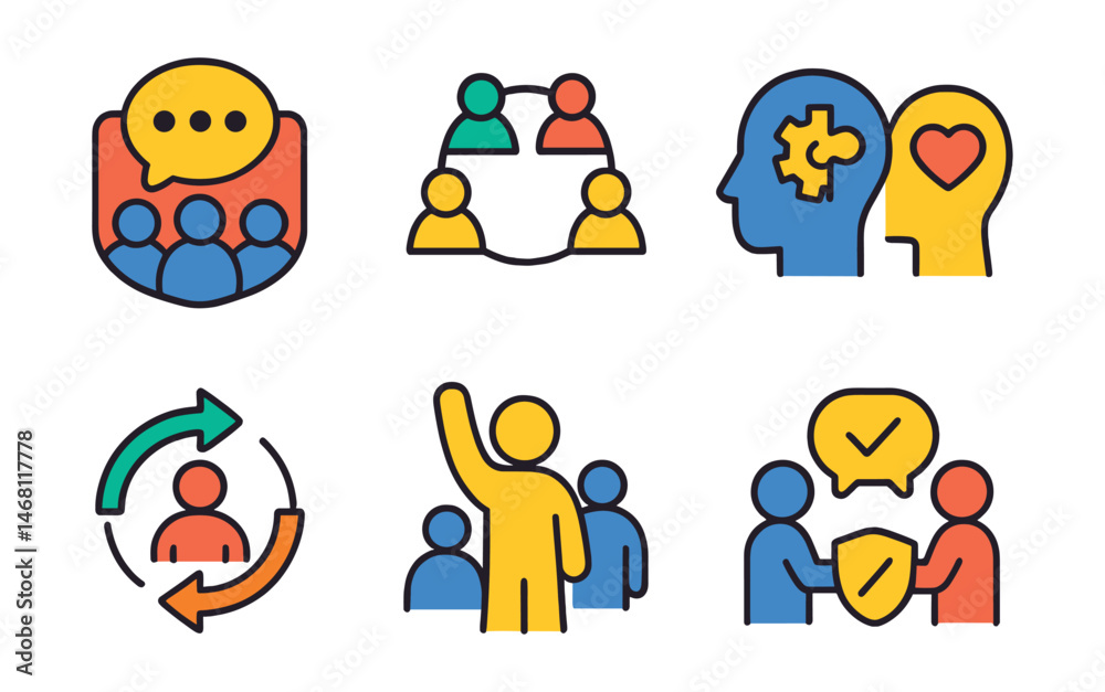 Flat vector icons of soft skills training: communication workshop badge, teamwork exercise icon, problem-solving seminar, emotional intelligence course, adaptability skills session, leadership skills Flat vector icons of soft skills training: communication workshop badge, teamwork exercise icon, problem-solving seminar, emotional intelligence course, adaptability skills session, leadership skills
