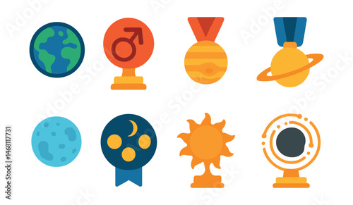 Flat vector icons of celestial bodies: Earth globe badge, red Mars symbol trophy, gas giant Jupiter medal, Saturn with rings ribbon, icy Pluto planet icon, Moon phases chart badge, Sun with solar