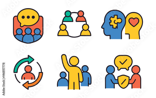Flat vector icons of soft skills training: communication workshop badge, teamwork exercise icon, problem-solving seminar, emotional intelligence course, adaptability skills session, leadership skills