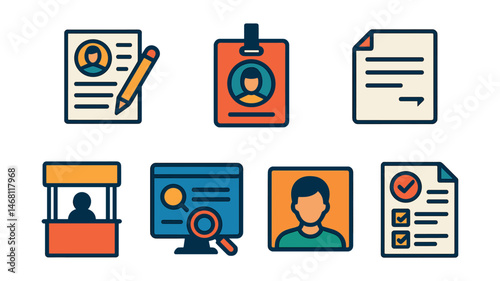 Flat vector icons of job hunting essentials: resume writing icon, job interview badge, cover letter document, online application form, career fair booth, job board search, professional profile photo,