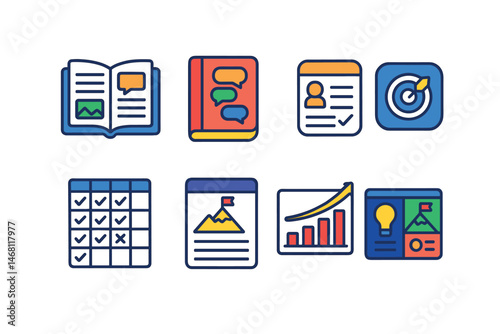 Flat vector icons of coaching tools and resources: coaching workbook template, coaching questions journal, feedback and reflection form, coaching tools app badge, success habit tracker, personal