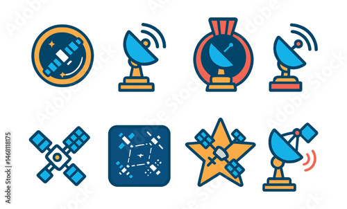 Flat vector icons of satellites and communications: orbiting satellite badge, signal wave antenna trophy, ground station dish medal, satellite dish array ribbon, GPS satellite icon, satellite