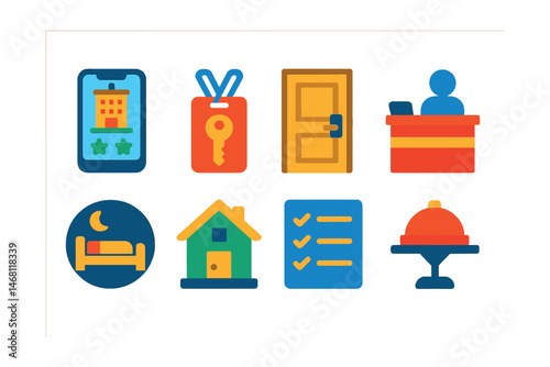 Flat vector icons of hotel and accommodation services: hotel booking app, key card access badge, hotel room door, reception desk icon, bed and breakfast badge, vacation rental home, hotel amenities
