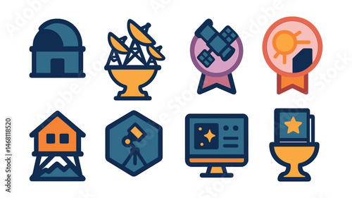 Flat vector icons of astronomical observatories: dome observatory silhouette badge, radio telescope array trophy, space telescope in orbit medal, solar observatory lens ribbon, high-altitude lab icon
