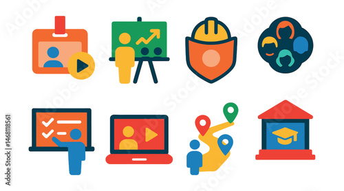 Flat vector icons of corporate learning and training: onboarding training badge, leadership development course, workplace safety training badge, diversity and inclusion learning badge, compliance