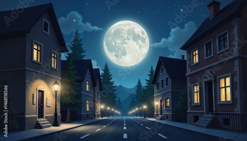 Street with houses under a full moon at night