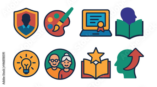 Flat vector icons of lifelong learning inspirations: adult education course badge, hobby learning workshop icon, online masterclass certificate, personal enrichment course, creative hobby learning