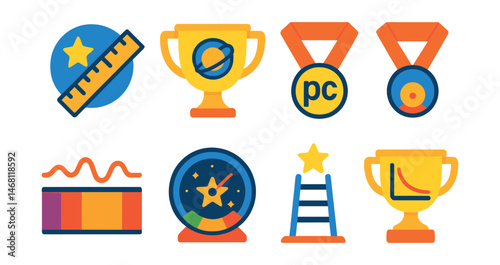 Flat vector icons of astronomical measurement units: light-year scale badge, astronomical unit trophy, parsec conversion medal, arcsecond angle ribbon, redshift spectrum icon, apparent magnitude