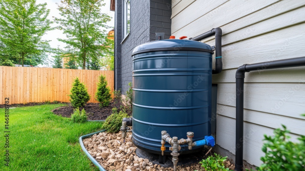 Fototapeta premium Modern Water Storage Tank Next to House on a Sunny Day Surrounded by Green Grass and Neat Landscaping with Trees and Fencing in the Background