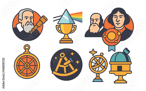 Flat vector icons of historic astronomers and tools: Galileo telescope badge, Newton prism trophy, Copernicus solar model medal, Kepler’s orbit laws ribbon, ancient astrolabe icon, sextant over stars