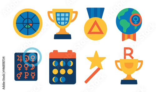 Flat vector icons of astrology chart elements: natal chart wheel badge, birth chart grid trophy, aspects triangle medal, planetary positions map ribbon, transits overlay icon, moon phase calendar