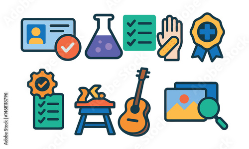 Flat vector icons of practical skill exams: driving license exam badge, practical lab assessment icon, technical skills demonstration test, clinical skills exam badge, workshop assessment badge,