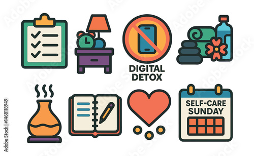 Flat vector icons of wellness and self-care rituals: morning routine checklist, evening wind-down ritual, digital detox badge, spa day setup, aromatherapy diffuser icon, journal reflection session,
