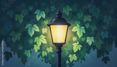 Lantern glowing amidst green leaves at night