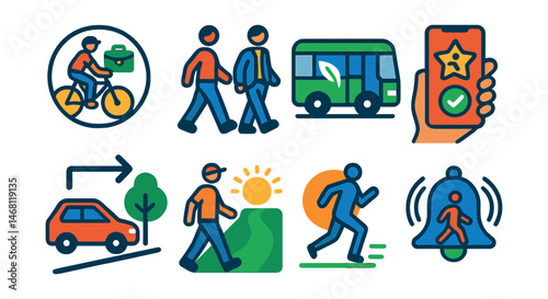Flat vector icons of active commuting and movement: biking to work badge, walking meeting symbol, public transport eco travel, active commute rewards app, park farther and walk guide, morning walk