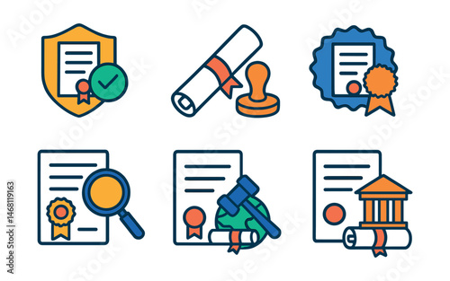 Flat vector icons of diploma packaging and mailing: diploma tube packaging icon, diploma gift wrapping badge, secure diploma delivery icon, mailing diploma certificate badge, tracking diploma
