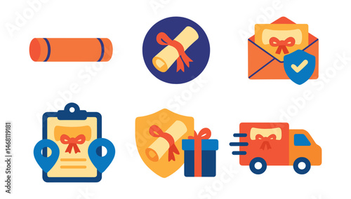 Flat vector icons of diploma packaging and mailing: diploma tube packaging icon, diploma gift wrapping badge, secure diploma delivery icon, mailing diploma certificate badge, tracking diploma