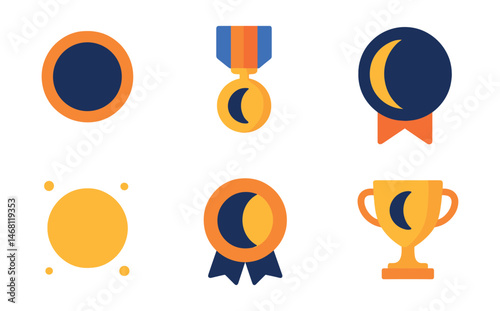 Flat vector icons of moon phases in astrology: New Moon circle badge, Waxing Crescent trophy, First Quarter half moon medal, Waxing Gibbous ribbon, Full Moon glow icon, Waning Gibbous badge, Last