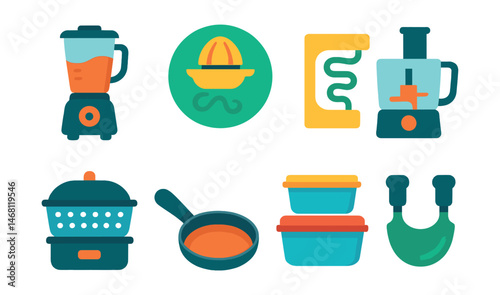 Flat vector icons of kitchen tools for healthy cooking: blender machine icon, juicer badge, spiralizer tool, food processor bowl, steamer basket, non-stick frying pan, meal prep containers, herb