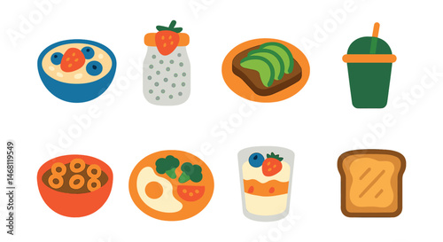 Flat vector icons of breakfast nutrition: oatmeal bowl with fruits, chia pudding jar, avocado toast plate, healthy smoothie cup, whole grain cereal bowl, egg and veggie scramble, greek yogurt parfait