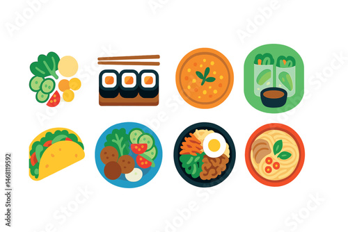 Flat vector icons of global healthy cuisines: Mediterranean plate icon, Japanese sushi tray, Indian lentil curry, Thai fresh rolls badge, Mexican veggie taco, Middle Eastern falafel plate, Korean