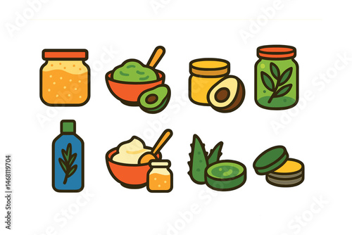 Flat vector icons of DIY beauty recipes: homemade sugar scrub jar, avocado face mask bowl, coconut oil body butter, herbal hair rinse jar, tea tree oil toner bottle, yogurt and honey mask, aloe vera