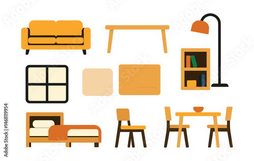 Flat vector icons of Scandinavian interior style: minimalist sofa icon, light wooden table, neutral color rug, modern floor lamp, white walls badge, simple bookshelf setup, cozy minimal bed, clean