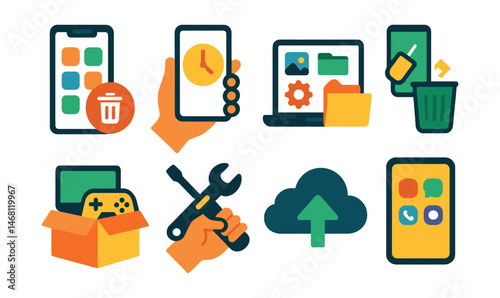 Flat vector icons of digital minimalism: delete unused apps badge, mindful screen time usage, organize digital clutter icon, reduce e-waste tips, donate old electronics guide, repair instead of