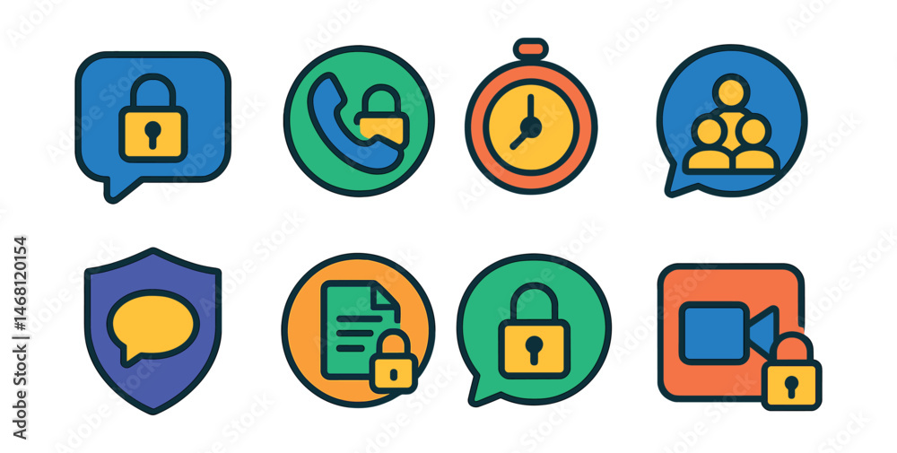 Flat vector icons of secure messaging apps: end-to-end encrypted chat badge, secure voice call icon, disappearing messages timer, encrypted group chat icon, privacy-first messenger app, secure file Flat vector icons of secure messaging apps: end-to-end encrypted chat badge, secure voice call icon, disappearing messages timer, encrypted group chat icon, privacy-first messenger app, secure file