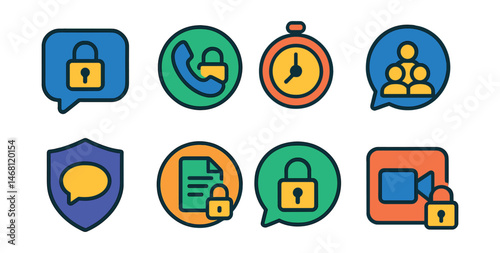 Flat vector icons of secure messaging apps: end-to-end encrypted chat badge, secure voice call icon, disappearing messages timer, encrypted group chat icon, privacy-first messenger app, secure file