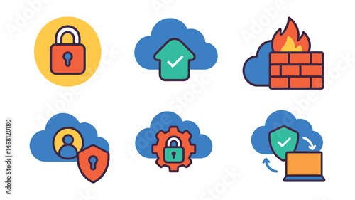 Flat vector icons of secure cloud computing: encrypted cloud storage badge, cloud backup protection icon, cloud firewall defense, multi-cloud security setup, cloud access control badge, secure SaaS
