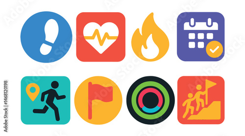 Flat vector icons of fitness tracking apps: steps counter badge, heart rate monitor app, calorie tracker icon, workout planner app, distance run tracker, fitness goal streak badge, activity ring