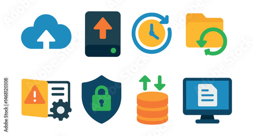 Flat vector icons of backup and recovery systems: cloud backup service icon, external hard drive backup, scheduled data backup badge, restore files process, disaster recovery plan guide, backup