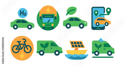 Flat vector icons of eco-friendly transportation: hydrogen fuel cell vehicle, electric bus badge, hybrid car symbol, car-sharing service app, electric bike commuter badge, green transport initiatives