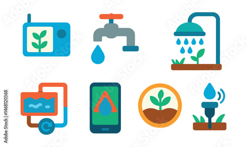 Flat vector icons of water-saving technologies: smart irrigation controller, low-flow faucet icon, water-saving showerhead, rain sensor irrigation system, greywater recycling system, water leak photo
