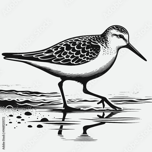 vector silhouette of a snipe bird with long beak, standing in water, minimal flat style, white background