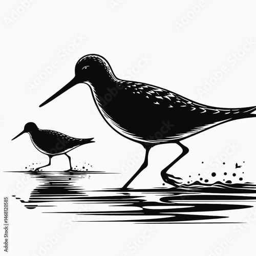 vector silhouette of a sandpiper walking along shoreline, slim body, clean shape, white background 